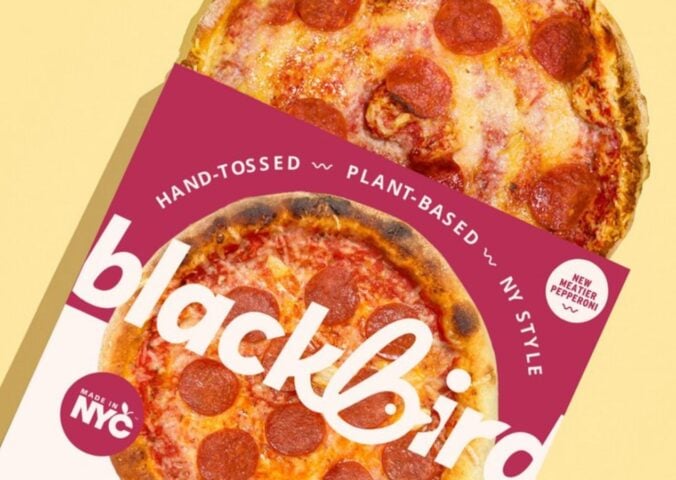 Photo shows the new frozen vegan pizza from Blackbird Foods featuring Beyond Meat pepperoni