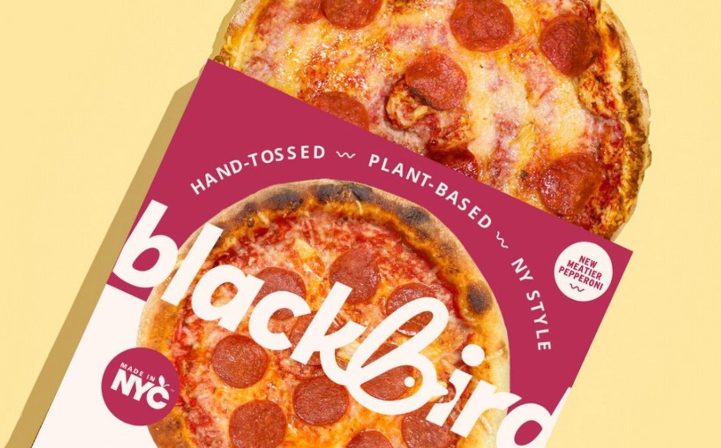 Photo shows the new frozen vegan pizza from Blackbird Foods featuring Beyond Meat pepperoni