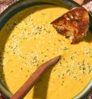 a vegan broccoli cheddar soup with bread