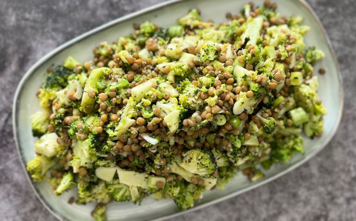 A vegan broccoli and lentil salad, a budget-friendly vegan recipe