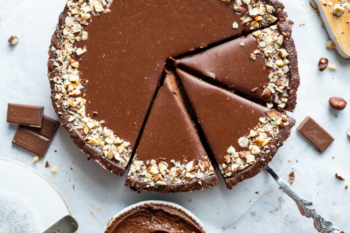 A dairy-free vegan chocolate tart made to a plant-based recipe