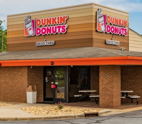 Photo shows a Dunkin' drive-through