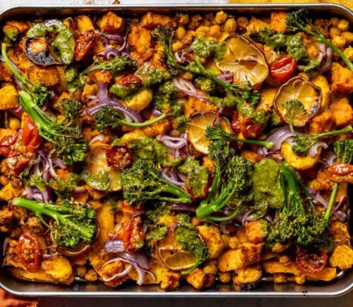 easy vegan sheet pan dinners like this chickpea traybake