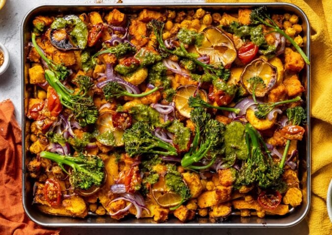 easy vegan sheet pan dinners like this chickpea traybake