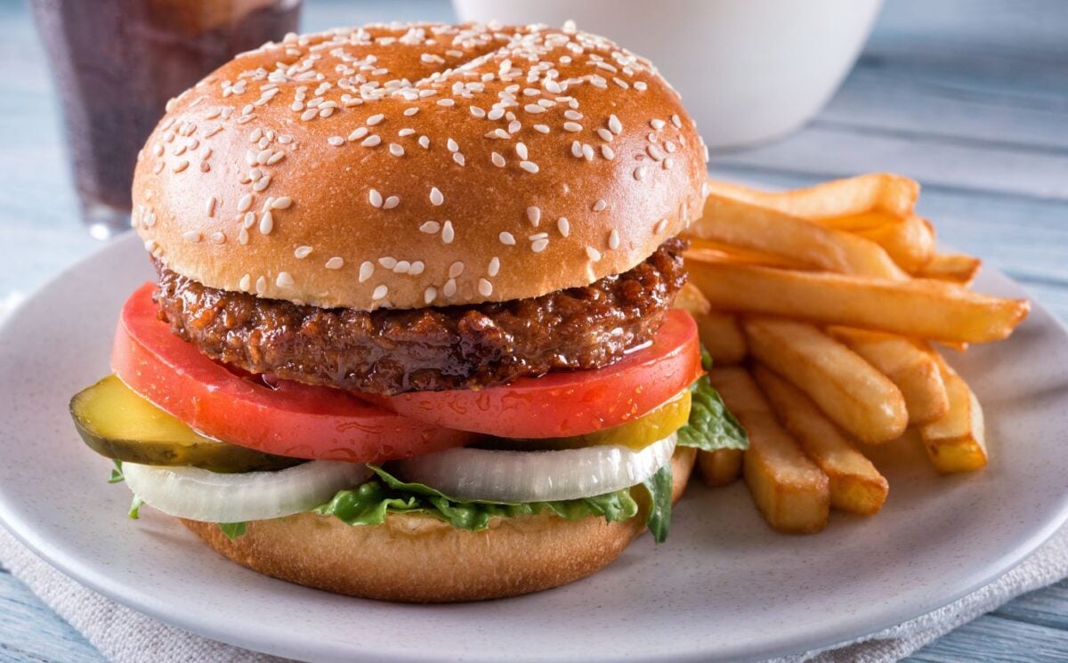 plant-based burger and chips