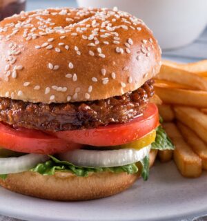 plant-based burger and chips