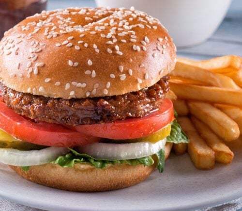 plant-based burger and chips