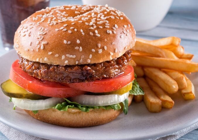 plant-based burger and chips