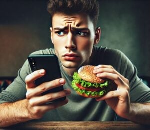 An AI-generated image of a confused looking man holding his phone in one hand and a burger in the other