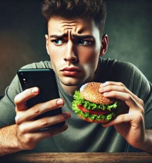 An AI-generated image of a confused looking man holding his phone in one hand and a burger in the other