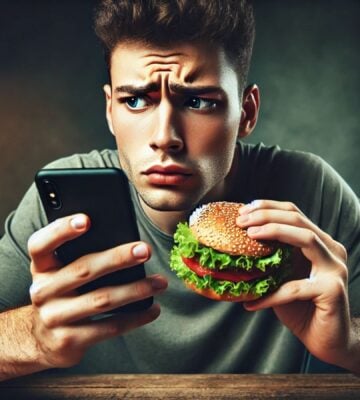 An AI-generated image of a confused looking man holding his phone in one hand and a burger in the other