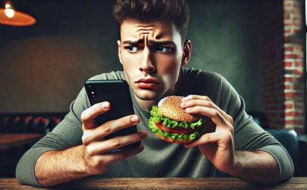 An AI-generated image of a confused looking man holding his phone in one hand and a burger in the other