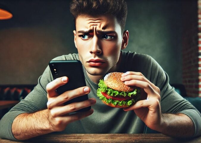 An AI-generated image of a confused looking man holding his phone in one hand and a burger in the other