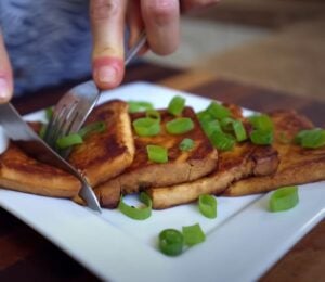 Slices of tofu that have been frozen