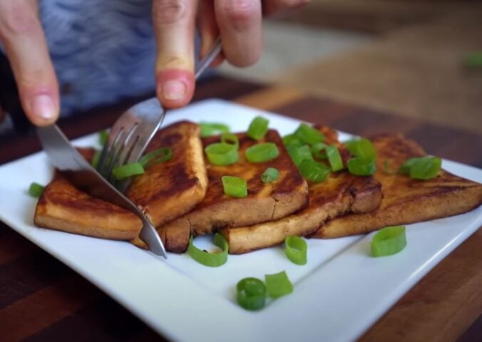 Slices of tofu that have been frozen