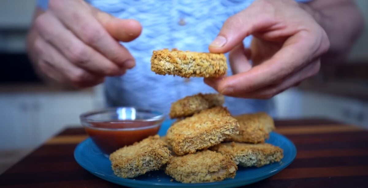 Frozen tofu coated in breadcrumbs