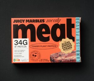 A packet of vegan lamb from Juicy Marbles