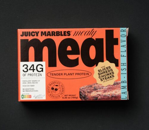 A packet of vegan lamb from Juicy Marbles