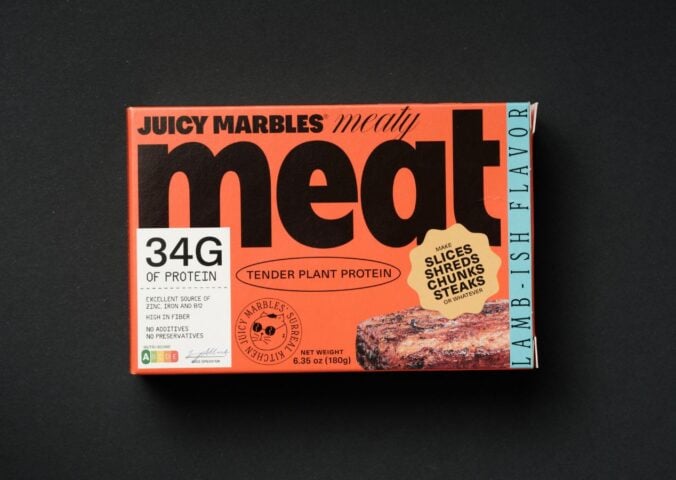 A packet of vegan lamb from Juicy Marbles