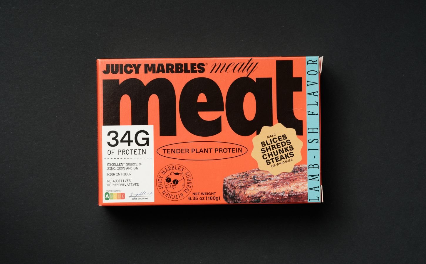 A packet of vegan lamb from Juicy Marbles