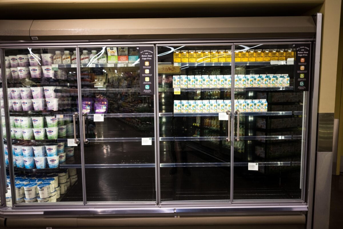 Empty egg shelves, except for vegan alternative JUST Egg, seem at Whole Foods