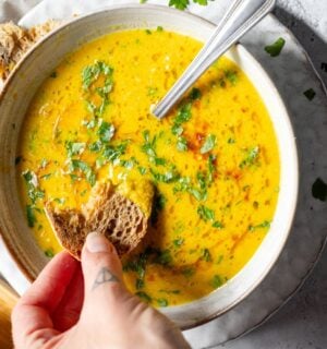 A large bowl of lemon chickpea soup from Romy London