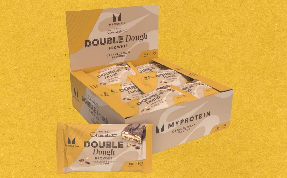 A packet of MyProtein x Hotel Chocolat vegan double dough brownies