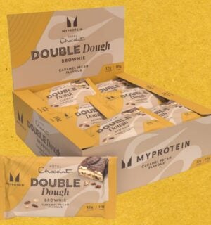 A packet of MyProtein x Hotel Chocolat vegan double dough brownies