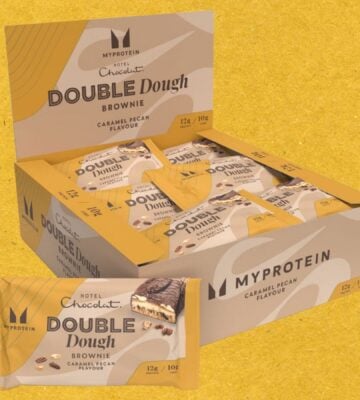 A packet of MyProtein x Hotel Chocolat vegan double dough brownies