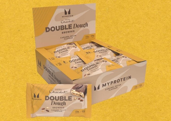 A packet of MyProtein x Hotel Chocolat vegan double dough brownies