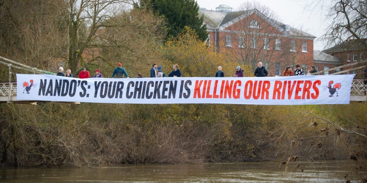 Photo shows a group of people doing a banner drop protest on a bridge over the River Wye