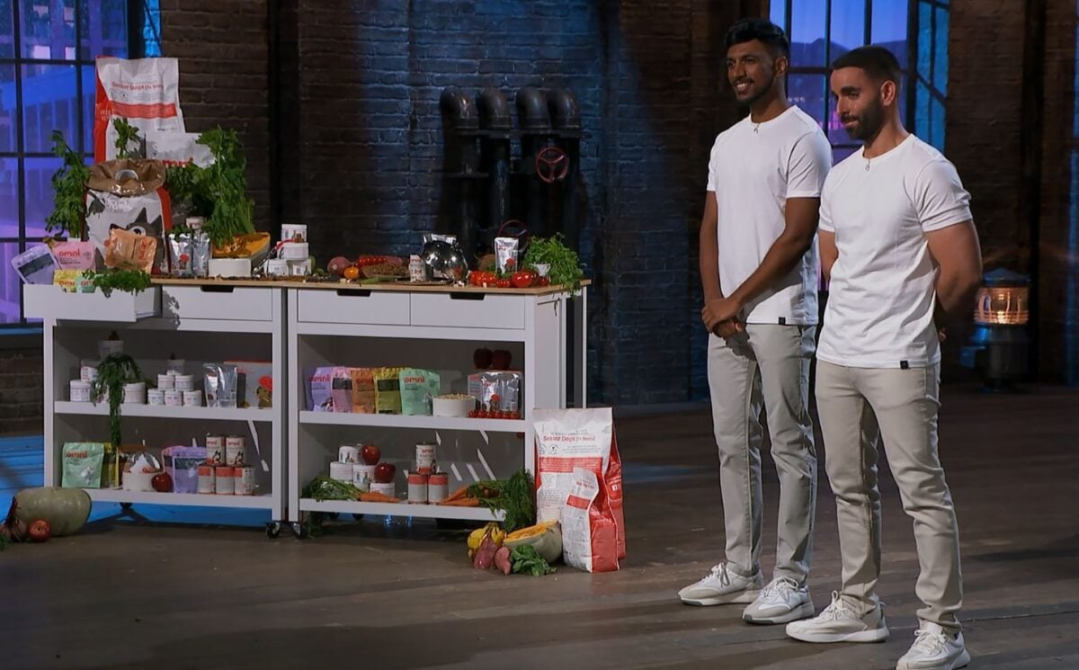 A still from Dragons' Den showing vegan dog food entrepreneurs and Omni founders giving their pitch