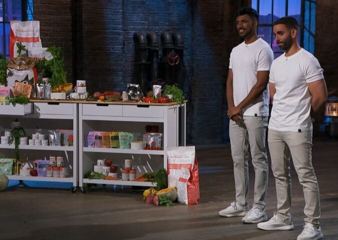 A still from Dragons' Den showing vegan dog food entrepreneurs and Omni founders giving their pitch