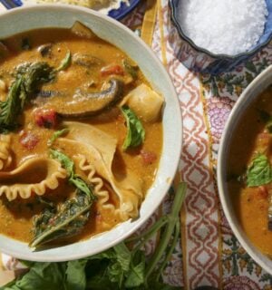 two bowls of oven-roasted lasagna soup that is vegan and dairy free