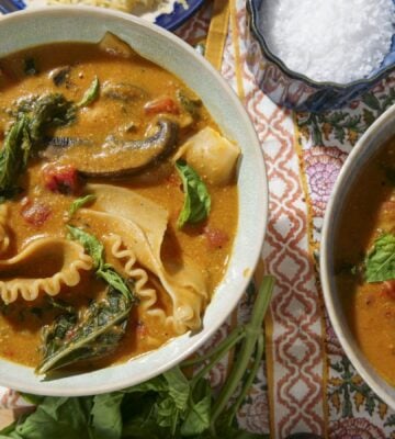 two bowls of oven-roasted lasagna soup that is vegan and dairy free