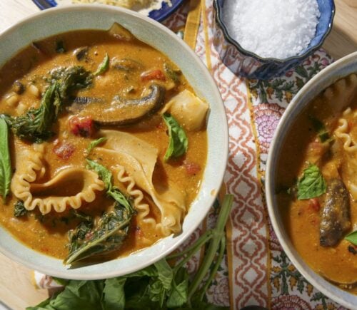 two bowls of oven-roasted lasagna soup that is vegan and dairy free