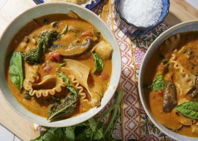 two bowls of oven-roasted lasagna soup that is vegan and dairy free