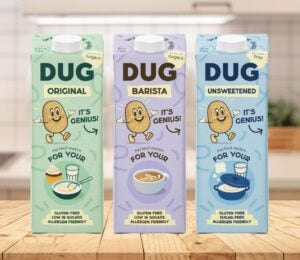 A selection of cartons of vegan potato milk from Dug