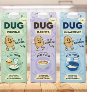 A selection of cartons of vegan potato milk from Dug