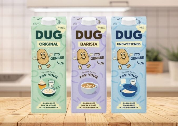 A selection of cartons of vegan potato milk from Dug