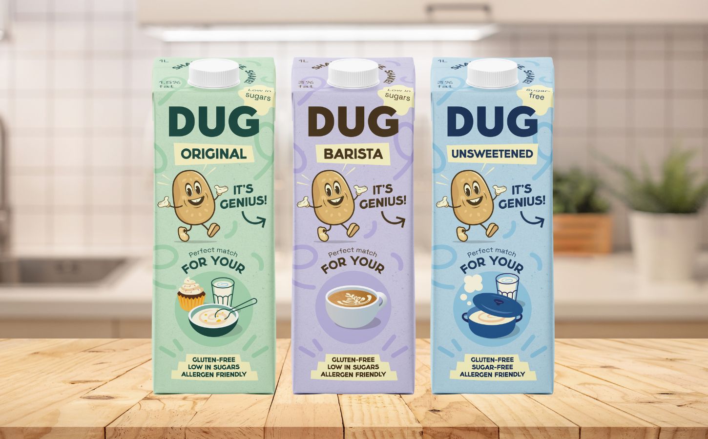 A selection of cartons of vegan potato milk from Dug