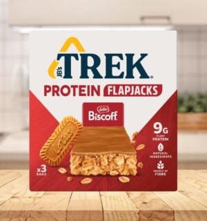 TREK protein flapjacks on a kitchen counter