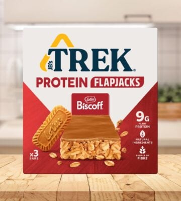 TREK protein flapjacks on a kitchen counter