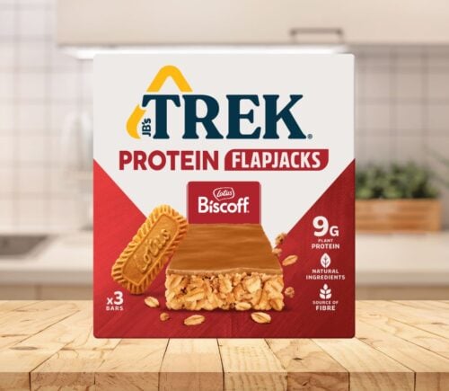 TREK protein flapjacks on a kitchen counter