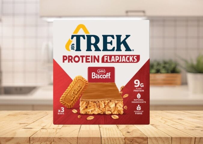 TREK protein flapjacks on a kitchen counter