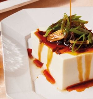 a plate of two-minute tofu with scallions, tamari, sesame oil, and chili crisp