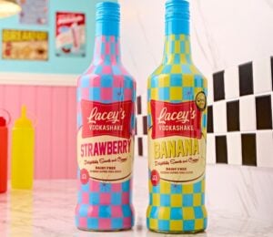 Photo shows the two flavors of Lacey's Vodkashakes - strawberry and banana - on a countertop in an 1950s-style American diner