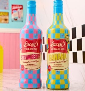 Photo shows the two flavors of Lacey's Vodkashakes - strawberry and banana - on a countertop in an 1950s-style American diner