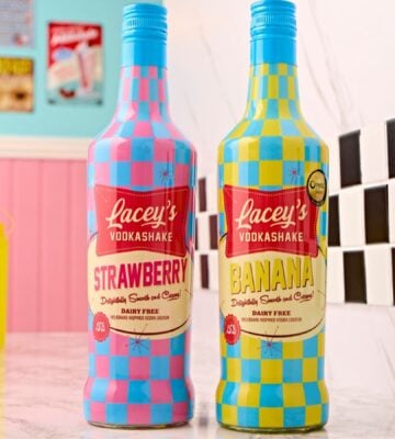 Photo shows the two flavors of Lacey's Vodkashakes - strawberry and banana - on a countertop in an 1950s-style American diner