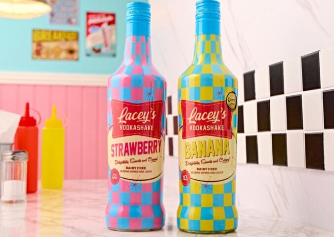 Photo shows the two flavors of Lacey's Vodkashakes - strawberry and banana - on a countertop in an 1950s-style American diner